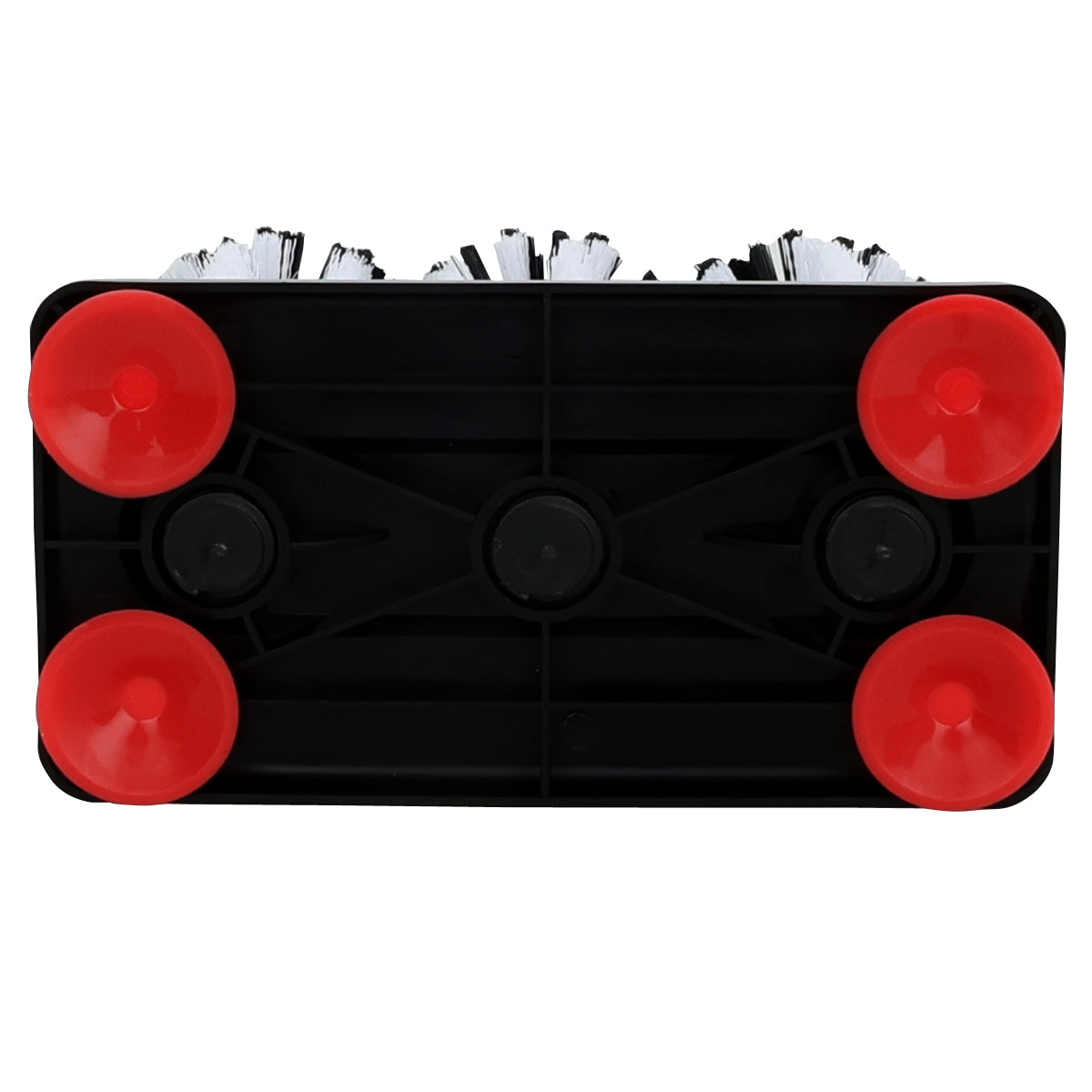 Rectangular black plastic object with four large red suction cups at each corner, one smaller center suction cup, and white bristles along the top edge—suggesting a professional-grade bar glassware cleaning system or triple glass washing brush.
