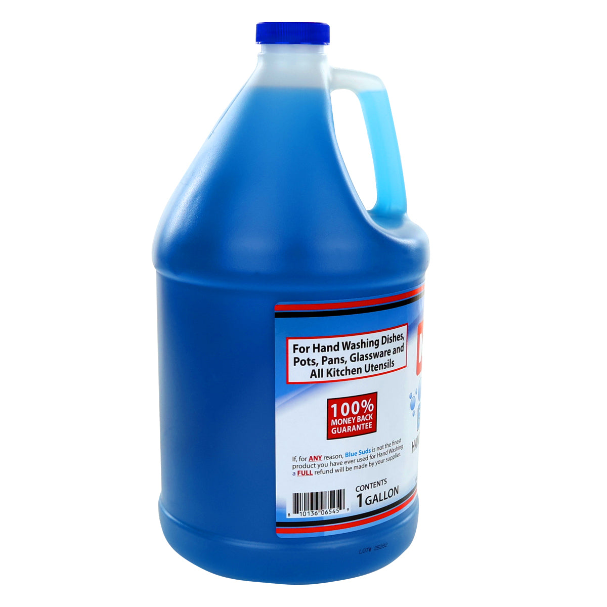 A large plastic jug of Blue Suds Detergent filled with blue liquid detergent. The jug has a white cap and handle. The label indicates it's for hand washing dishes, pots, pans, glassware, and all kitchen utensils, and contains 1 gallon.
