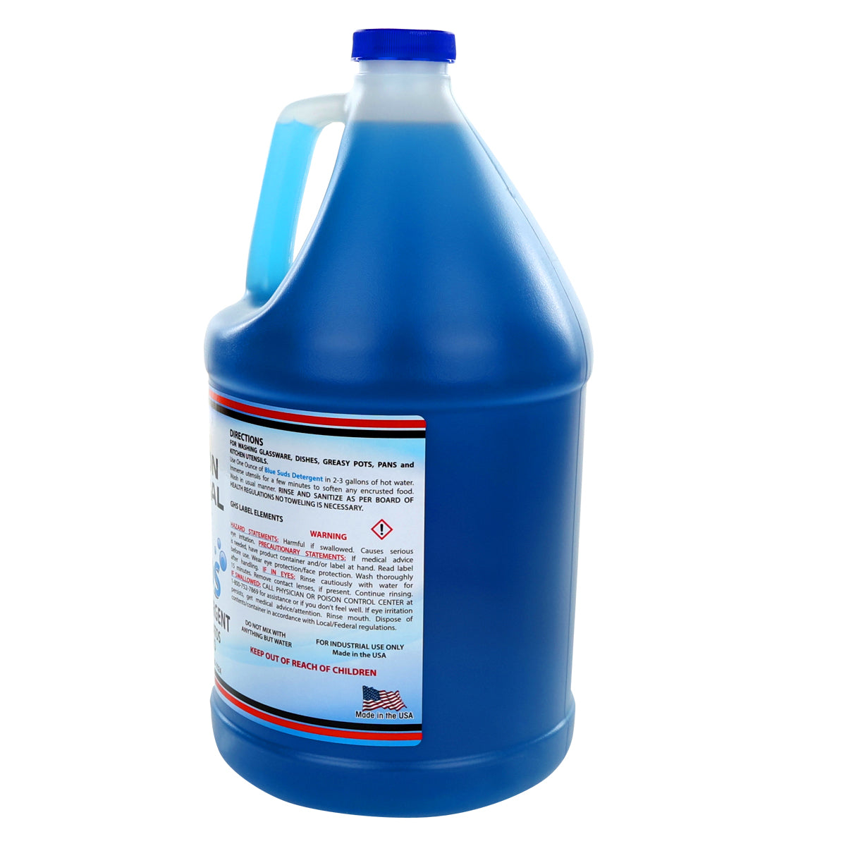 A large, translucent plastic jug of Blue Suds Detergent filled with blue liquid detergent for hand washing dishes. It features a blue screw cap, a handle, and a label with directions, warnings, and usage information in English.