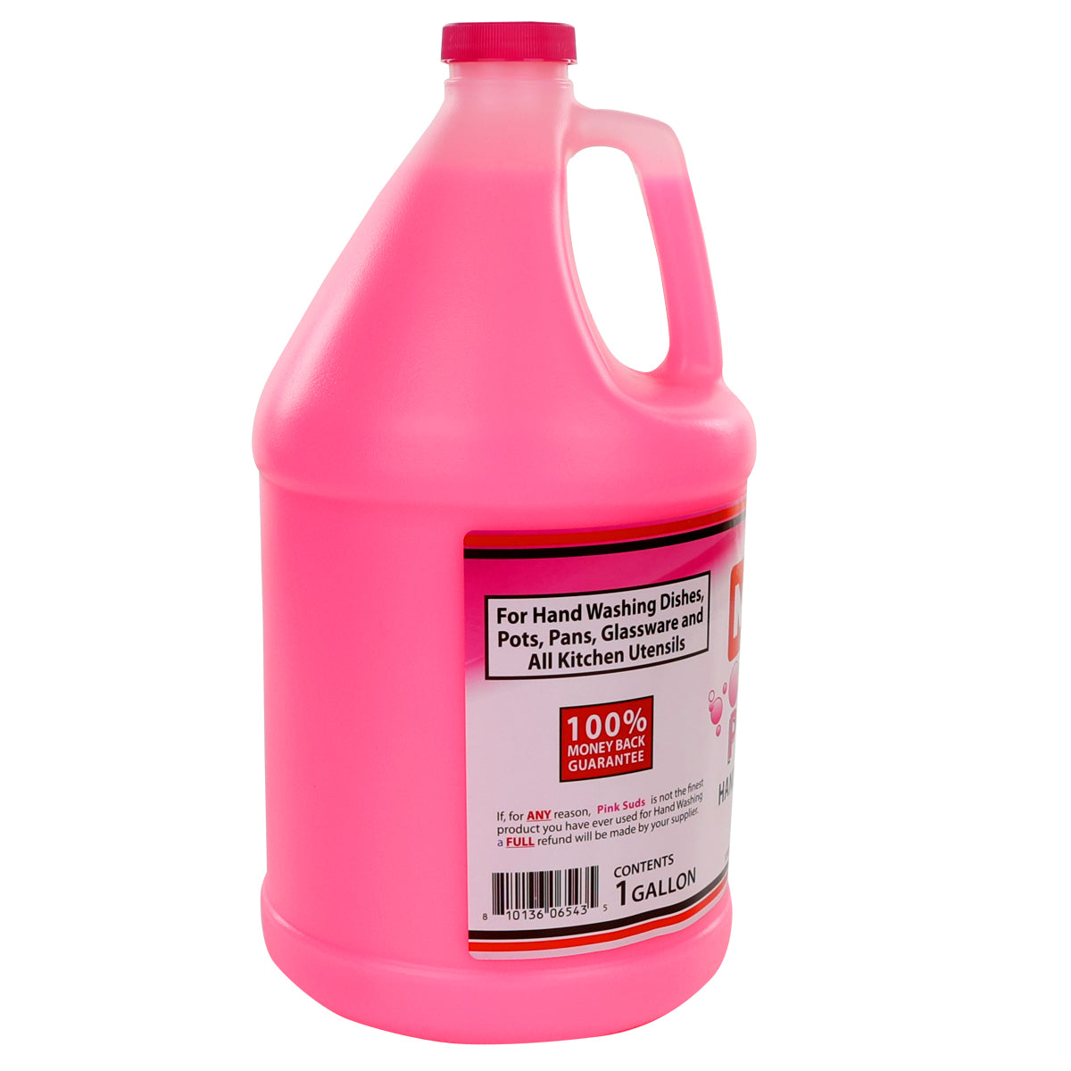 A large, opaque pink plastic jug labeled Pink Suds Detergent for hand washing dishes, pots, pans, glassware, and kitchen utensils. This manual dishwashing detergent features a 100% money-back guarantee. Capacity: 1 gallon.