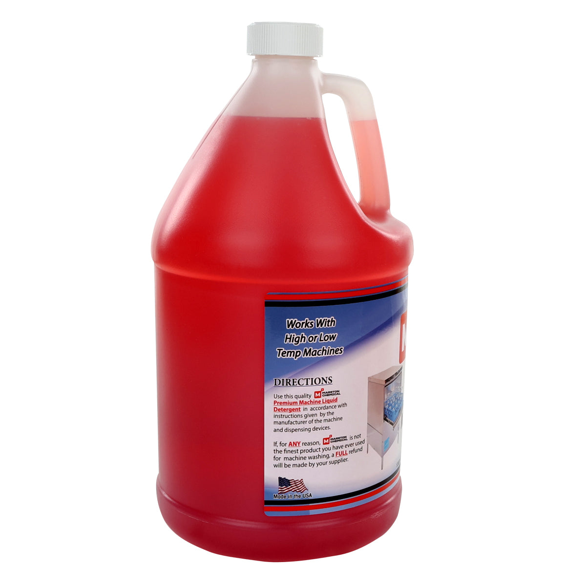 A large, translucent plastic jug filled with red liquid, featuring a white screw cap and handle. The blue and white label includes usage directions, a dishwasher image, and notes this is a premium machine detergent made in USA.