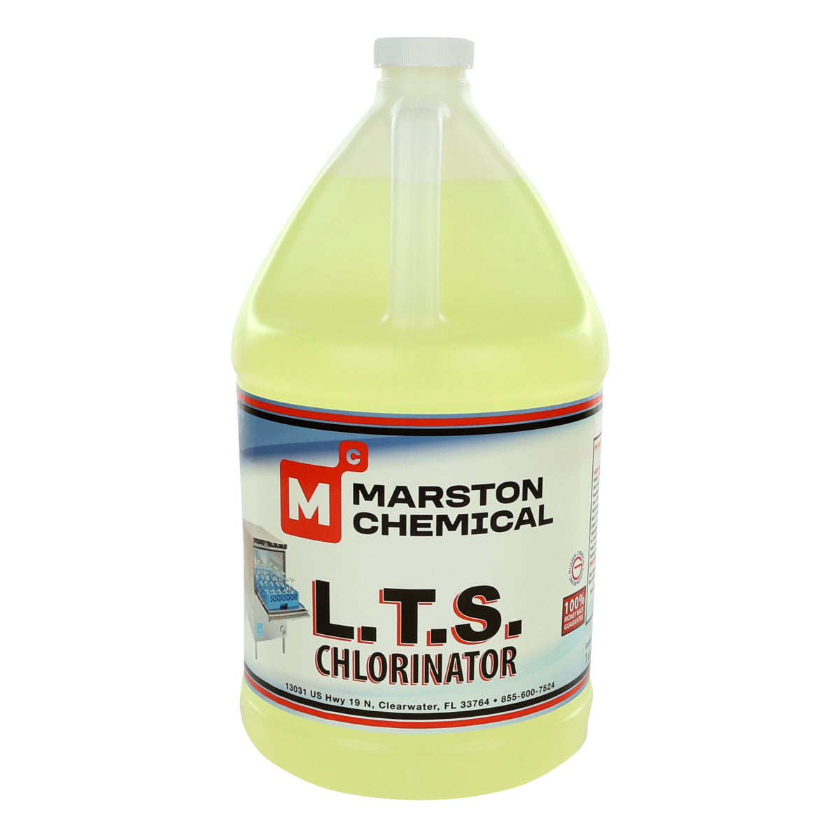 A large plastic gallon jug filled with yellow liquid, labeled Marston Chemical L.T.S. Chlorinator. The label highlights a red and white logo, company details, and a graphic of a pool with a chlorine feeder for hygienically clean water.