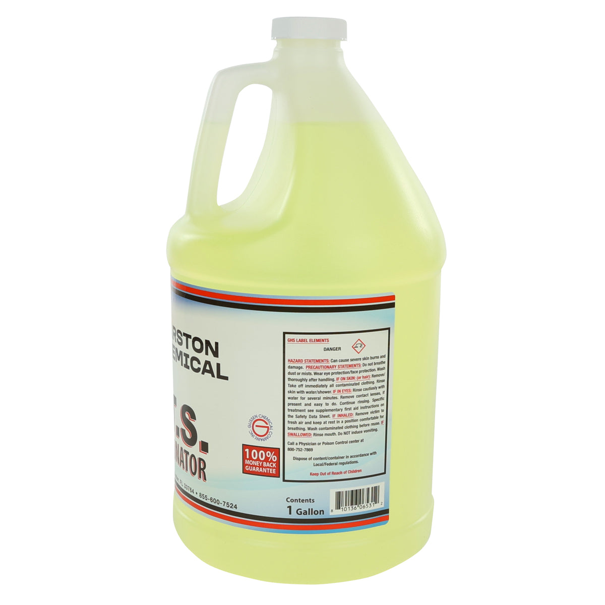 A one-gallon translucent plastic jug with a handle and screw cap, filled with pale yellow liquid. The label reads HOUSTON CHEMICAL and LOW TEMP SANITIZER, with product details, instructions, and a red circular 100% Guarantee badge.