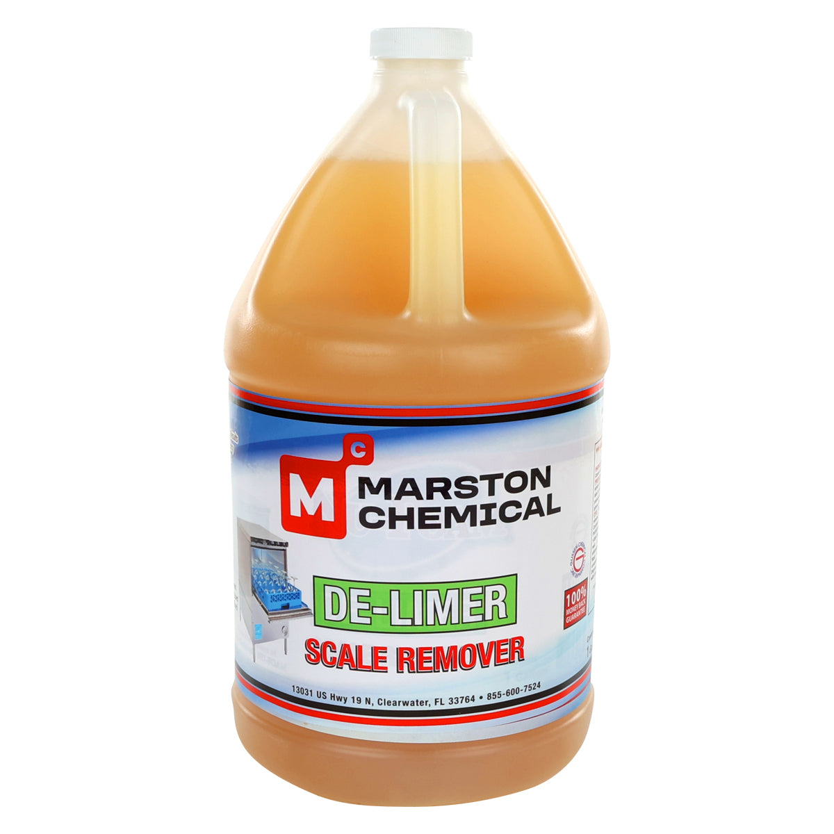 A large, clear plastic gallon jug filled with orange-brown liquid labeled “Marston Chemical Delimer Scale Remover.” The label features a warewashing machine and product details in blue, red, and green text. The jug has a white screw cap.