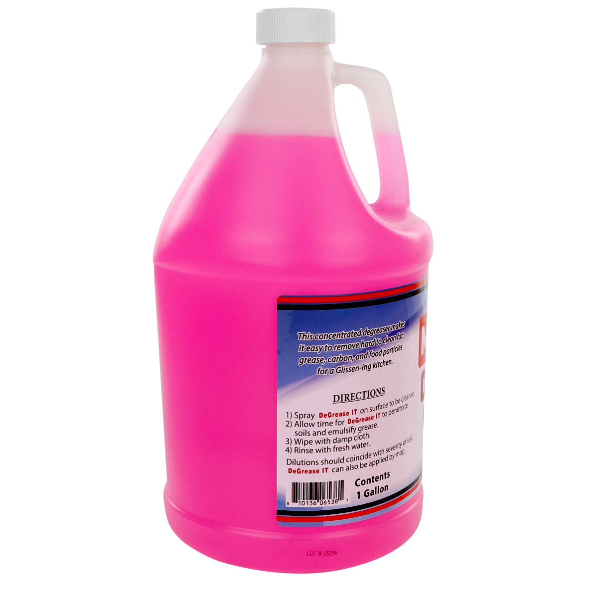 A large 1-gallon plastic jug with a handle, filled with bright pink liquid. The label indicates it's a concentrated degreaser, designed to remove grease; usage directions are included, though the specific product name is not fully visible.