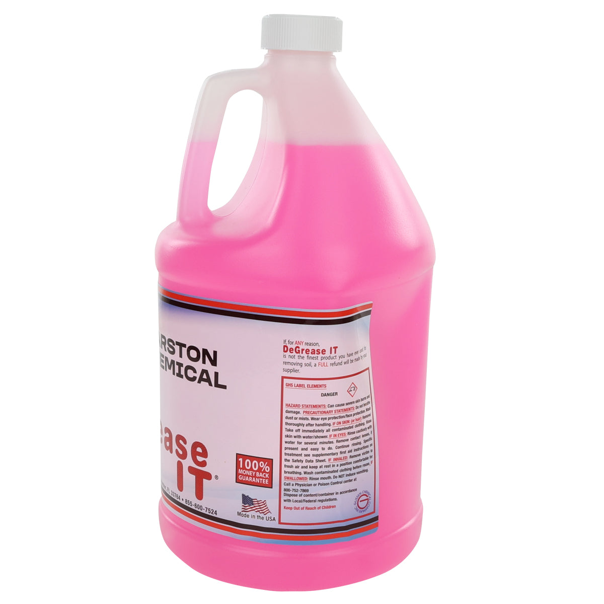 A translucent plastic gallon jug with a white cap, filled with bright pink liquid. The label reads “Degrease IT” Concentrated Degreaser, highlighting its power to remove grease. Safety and cleaning chemicals info appear beside a partial American flag symbol.