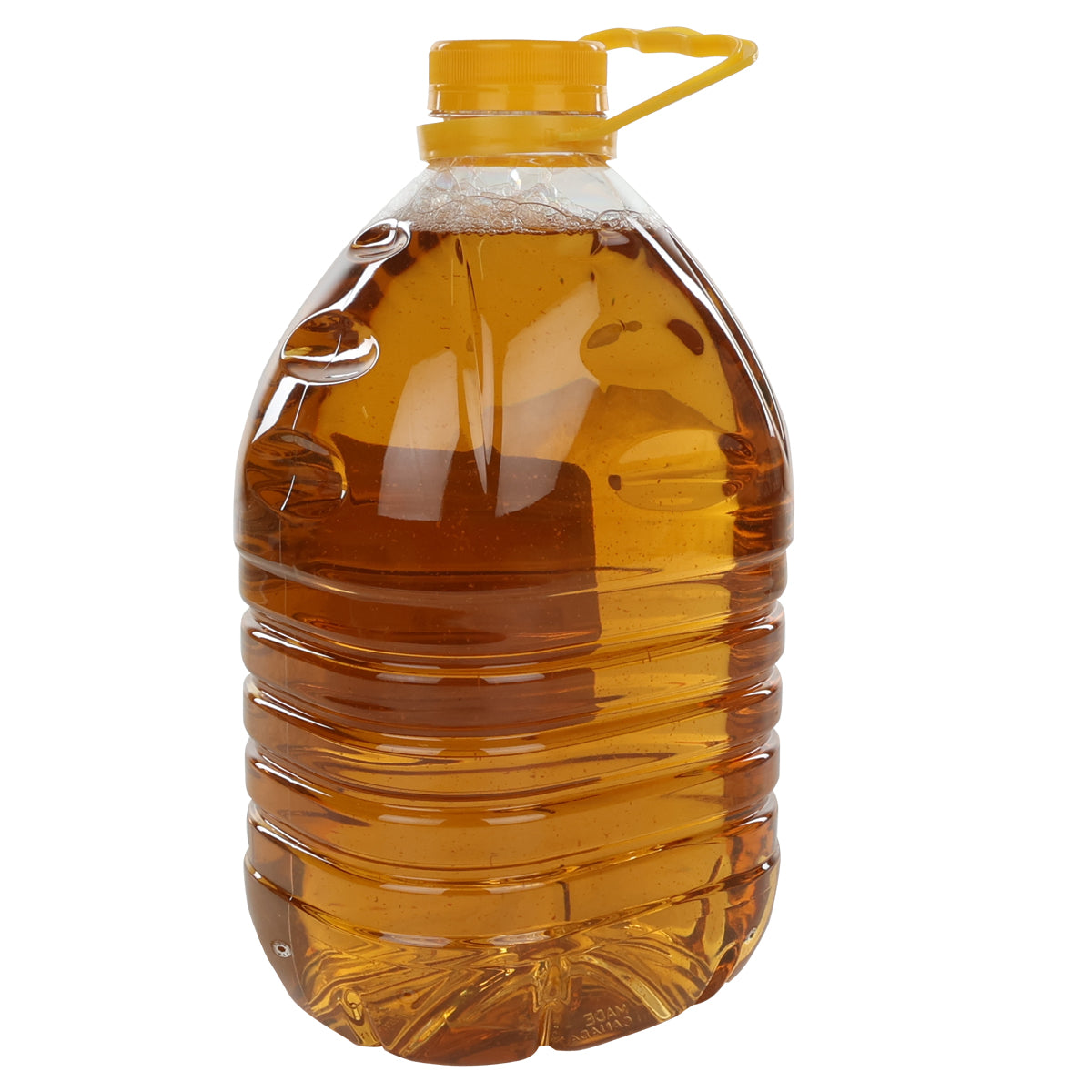 A large, clear plastic bottle filled with golden brown liquid, likely all natural pine oil. The bottle has horizontal grooves, a yellow screw cap, and a matching yellow handle attached to the cap for easy carrying.