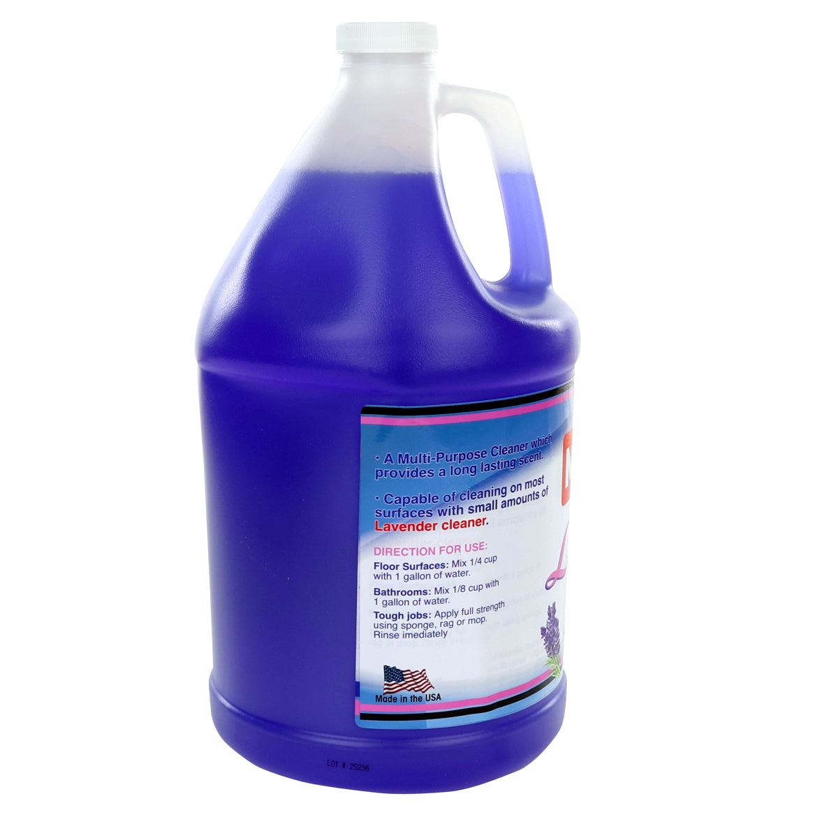 A large plastic jug filled with purple lavender cleaner features a white cap and a label describing it as a multi-purpose cleaner with a long lasting scent. The label lists uses for floors, bathrooms, and walls, plus directions and a “Made in the USA” emblem.