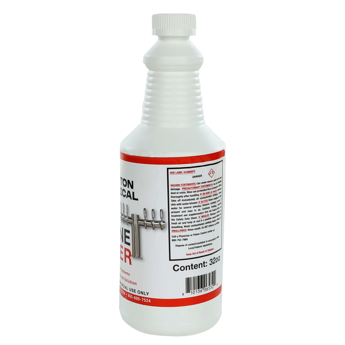 A white plastic spray bottle with a long neck, labeled Stainless Steel Cleaner. The 32-ounce bottle features caution and usage instructions on the back, and is ideal for use after an alkaline-based beer line cleaner to maintain spotless surfaces.