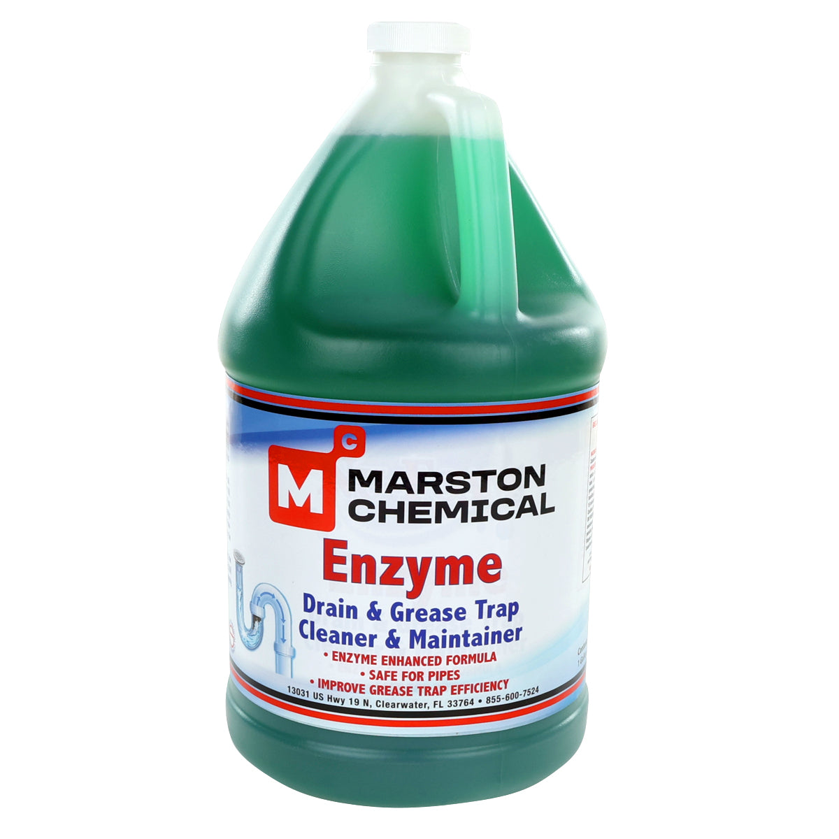 A large green jug of Marston Chemical Enzyme Drain & Grease Trap Cleaner & Maintainer. The white label with bold text highlights its enzyme drain cleaner formula, safe for pipes, and boosts grease trap efficiency with every use.