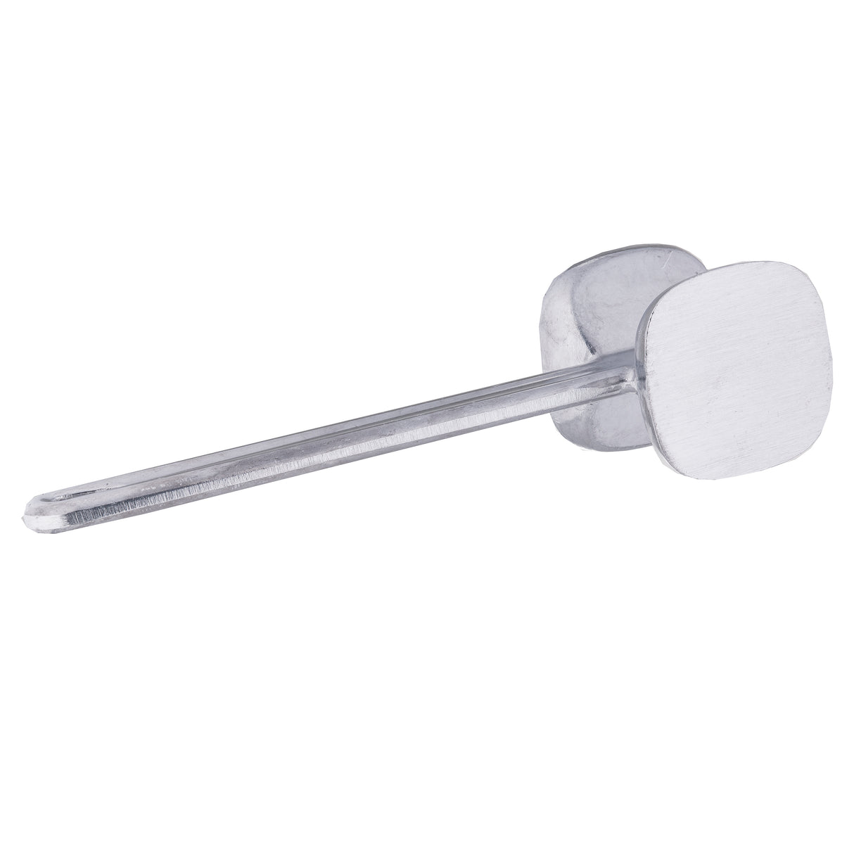 A close-up of a single silver stud earring with a flat, square front and straight post, crafted from cast aluminum. The matte finish and solid build echo the design of a miniature meat tenderizer. The backing is partially visible against a white background.