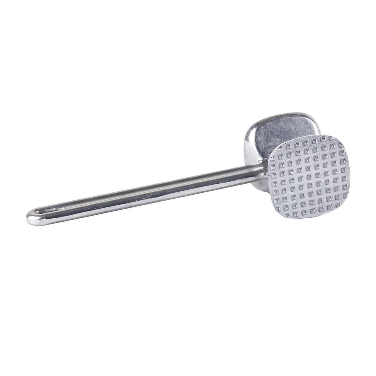 A double sided meat tenderizer with a long handle and a square, textured head featuring a grid of small pyramidal bumps. Made of cast aluminum, this tool is perfect for pounding and softening meat against a plain white background.