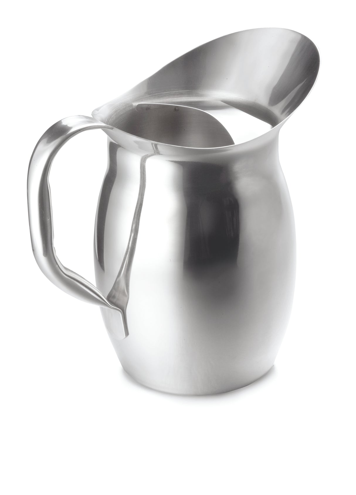 A shiny, reflective Bell Water Pitcher with a wide spout and sturdy handle. This 2 qt pitcher features a smooth, rounded stainless steel body and an angled opening for easy pouring. The pitcher sits elegantly on a white background.