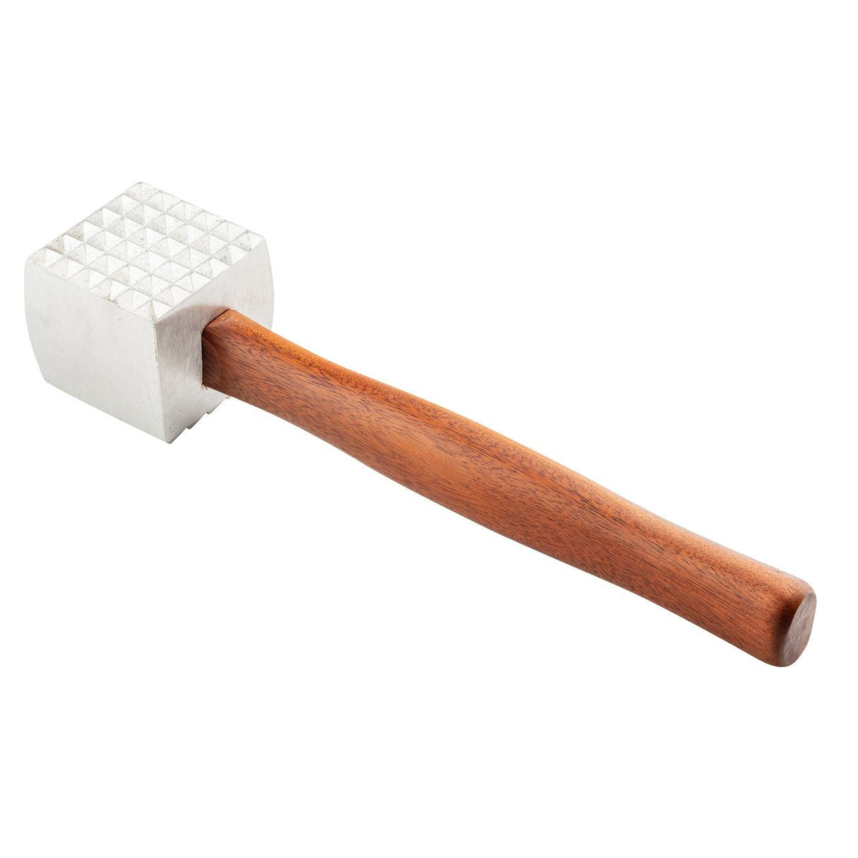 A meat tenderizer with a square cast aluminum head featuring a textured grid surface and a long, curved wood handle, isolated on a white background.