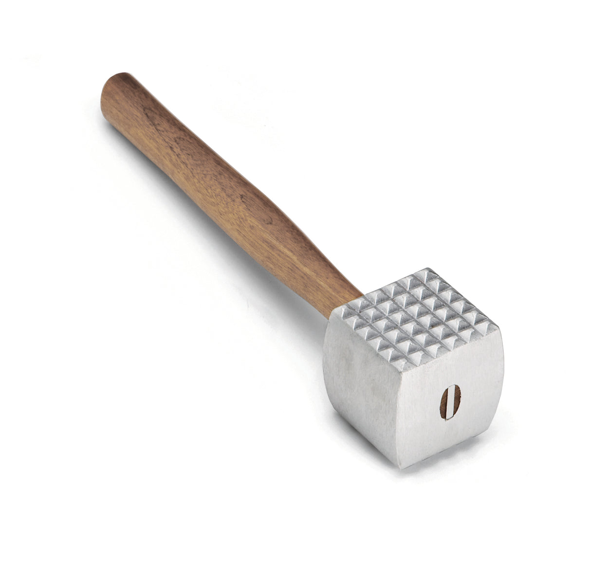 A metal meat tenderizer with a wood handle. The cast aluminum tenderizing head is rectangular, featuring a textured, pyramid-shaped grid on the striking surface for pounding and softening meat. The tool rests on a white background.