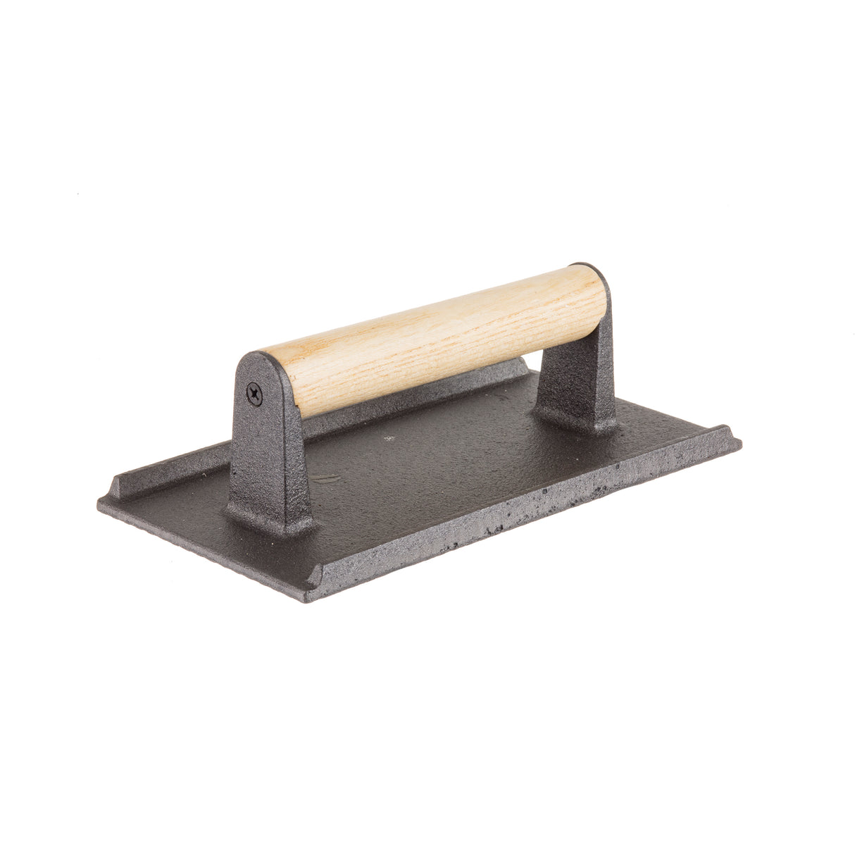 A heavy, rectangular cast iron steak weight with a flat, textured base and a light wood handle attached to two metal supports, photographed on a white background.