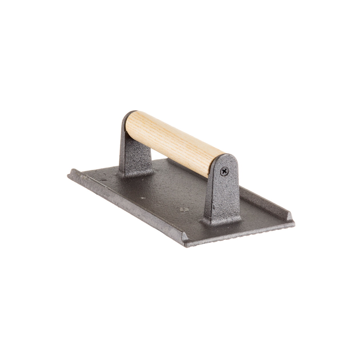 A rectangular cast iron steak weight with a flat, textured base and a light wood handle mounted on two black metal brackets, photographed on a white background.