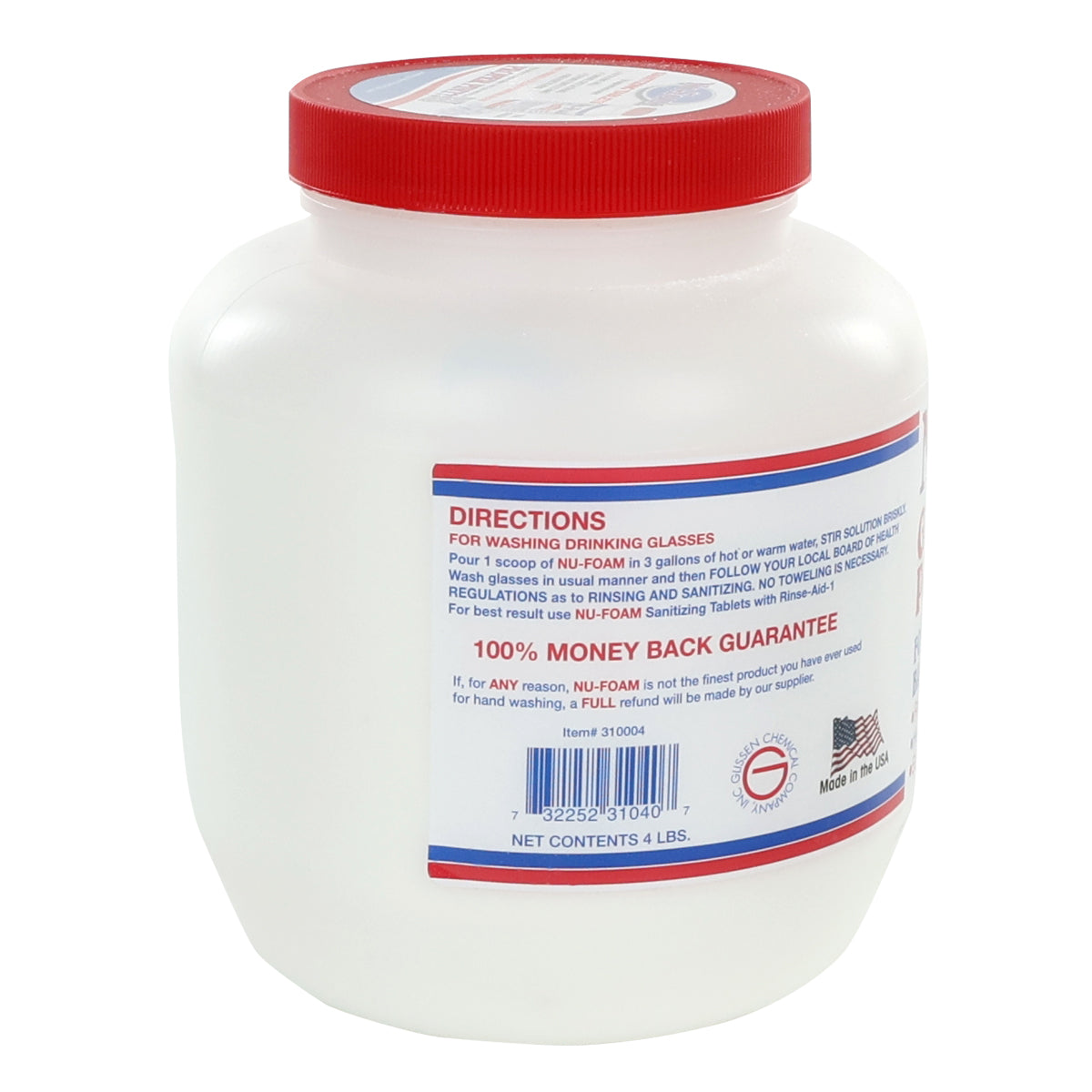 A large white plastic container with a red screw-on lid. The label features directions, a barcode, a “100% Money Back Guarantee,” and a “Made in the U.S.A” flag symbol. The 4 lb. container holds high-quality glass washing powder with a streak-free formula.