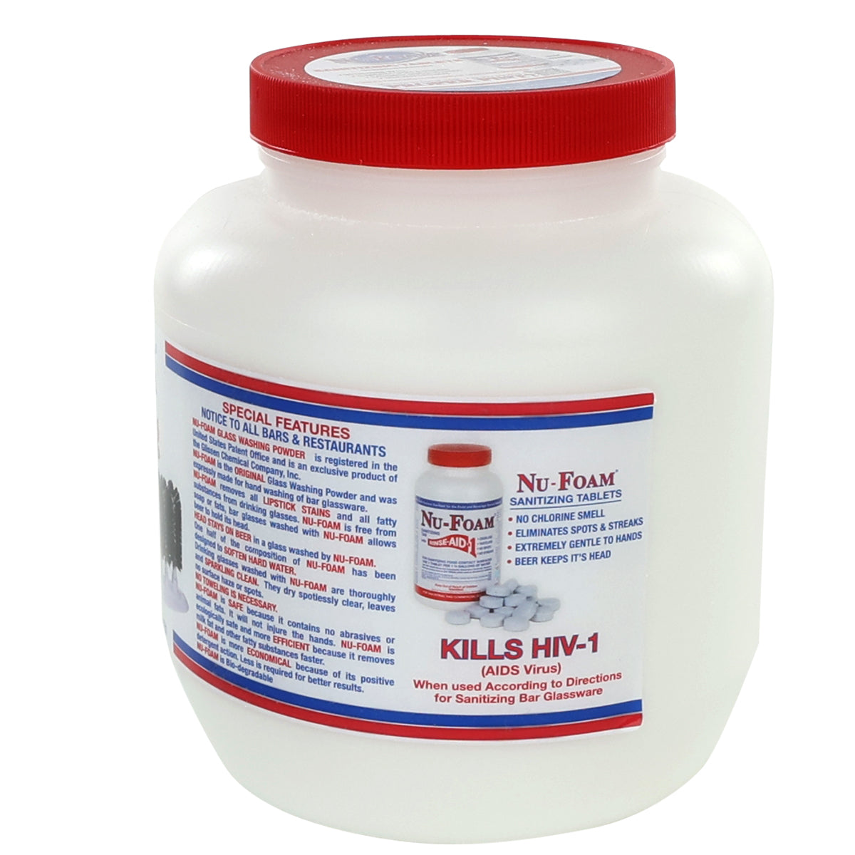 A white plastic container with a red lid labeled Nu-Foam Sanitizing Tablets features a streak-free formula for bar glassware. The label, printed in blue and red, highlights U.S.A. manufacturing and kills HIV-1 (AIDS virus), with clear directions included.