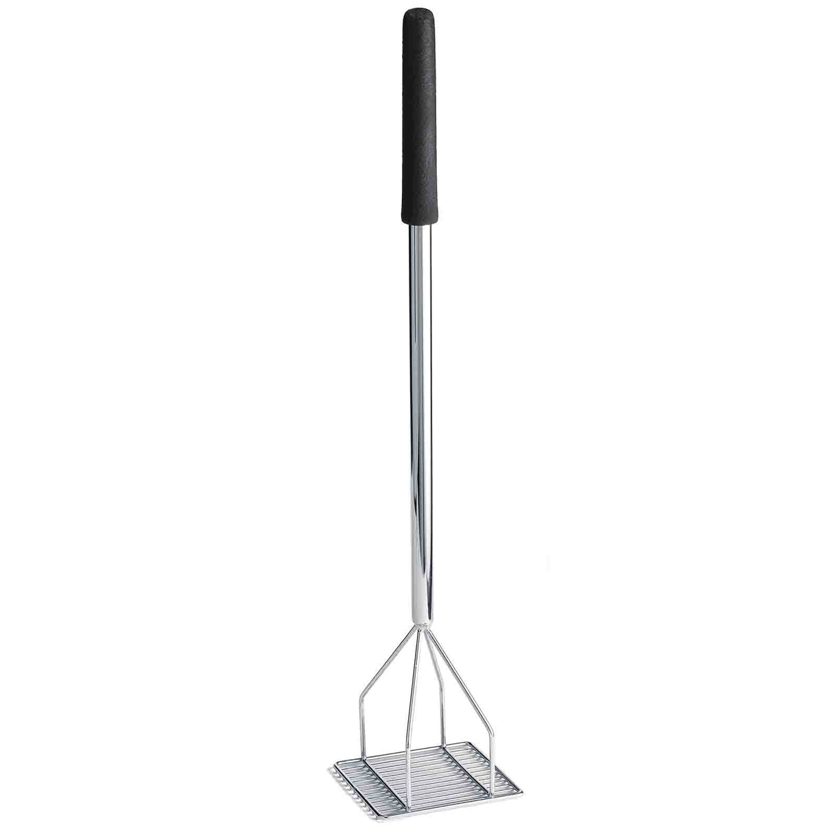 A chrome plated bean masher with a long, straight handle featuring a cool touch black grip and a flat, grid-like mashing plate at the bottom. Ideal for manually mashing potatoes or other soft foods. The background is plain white.