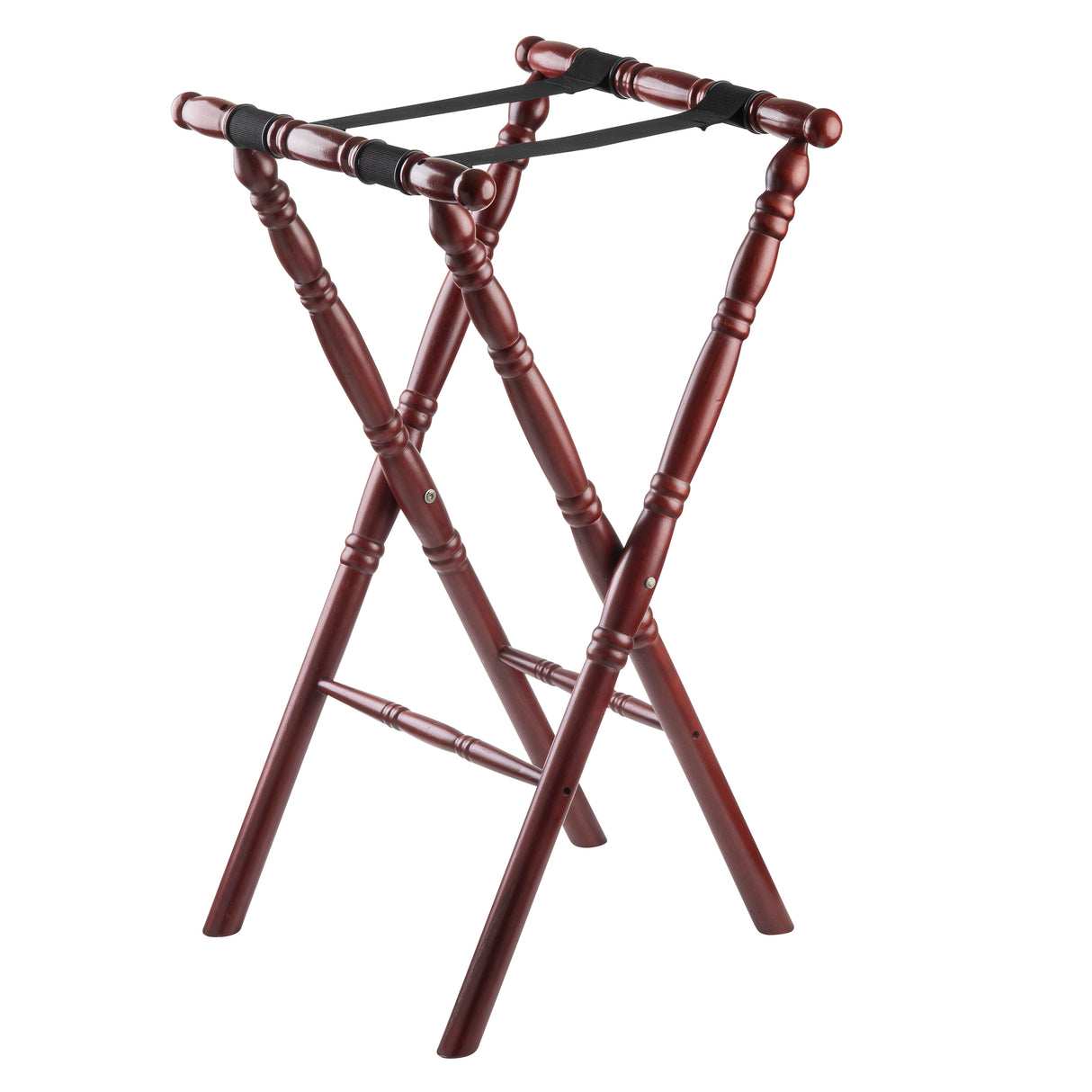 A polished wooden luggage rack with carved spindle legs in an X-shape and a rich mahogany finish. Two wide, slip-proof black fabric straps span the top for holding suitcases. The rack stands on a white background.