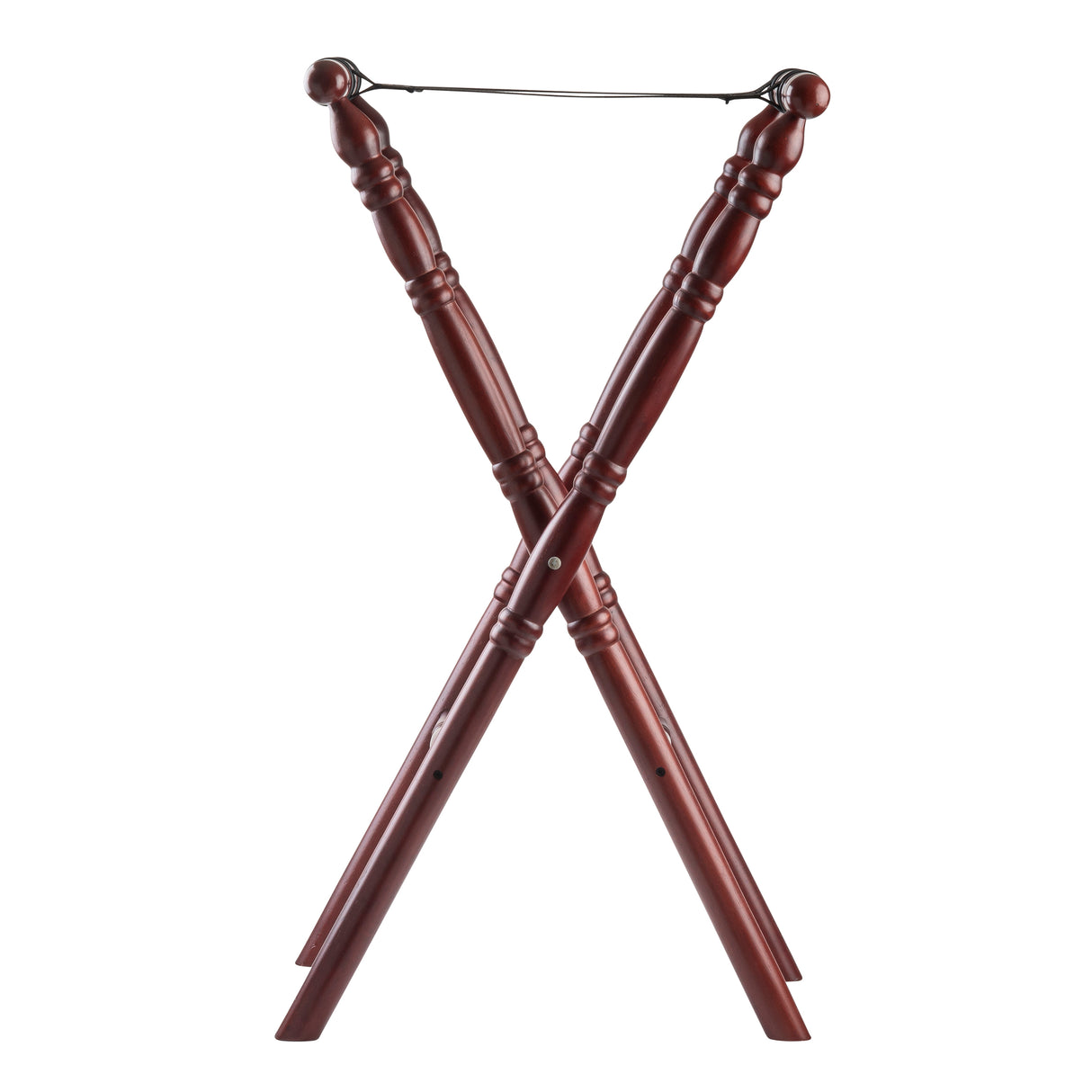 A wooden folding luggage rack with an X-shaped frame, mahogany finish, turned decorative detailing on the legs, and a metal bar at the top for holding a strap or supporting luggage. Slip-proof feet ensure stability. The background is plain white.