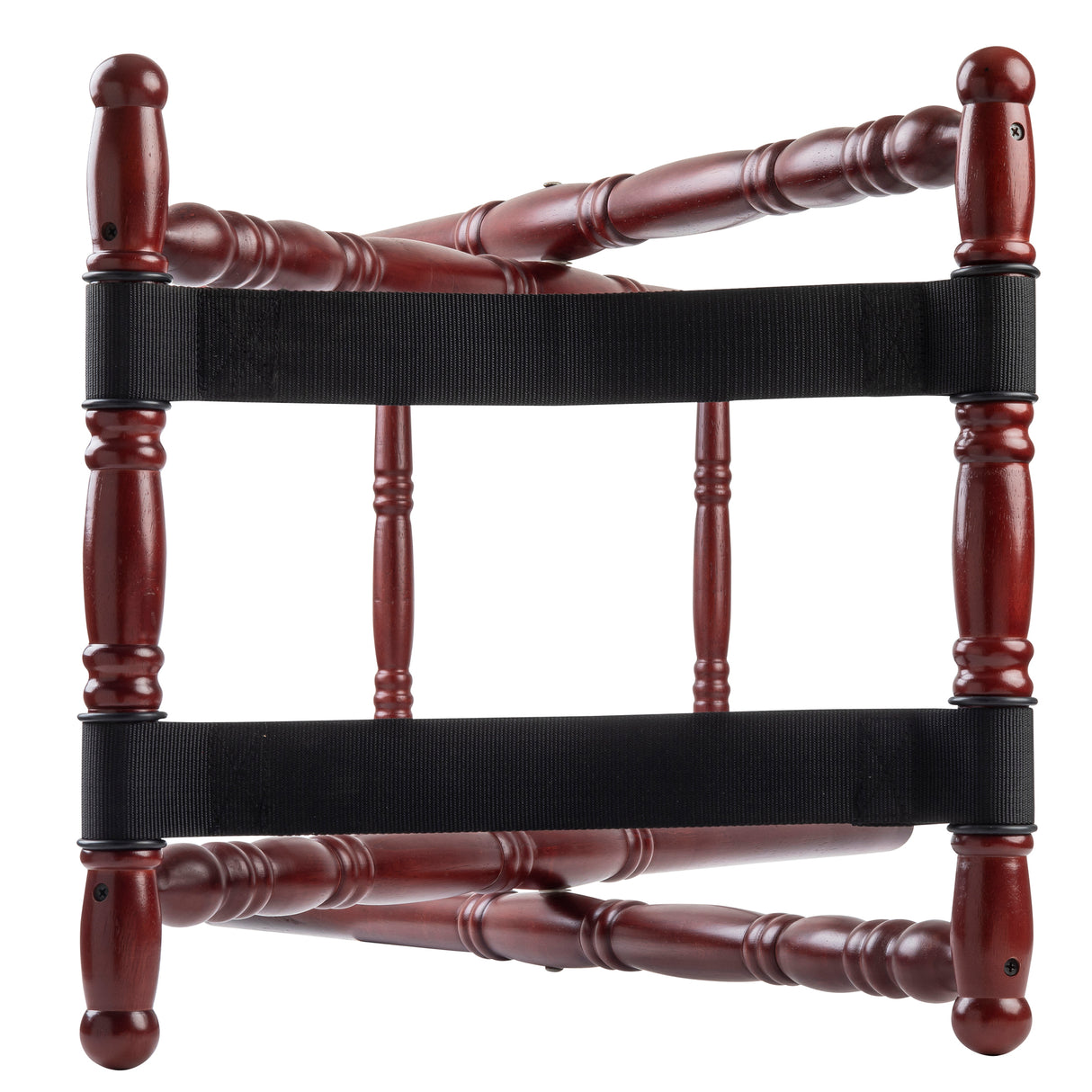 A wooden luggage rack with a rich mahogany finish, viewed from above. It features four turned legs and two parallel black nylon straps across the top for slip-proof support. The overall design is simple and functional.