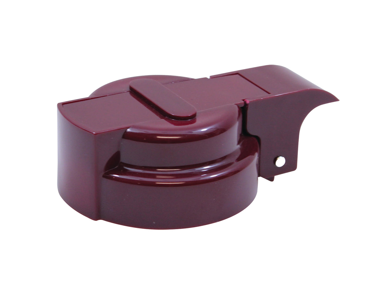 A maroon plastic flip-top bottle cap with a rounded body and a hinged lid, featuring a small rectangular tab for easy opening. This TableCraft option dispenser top is smooth, glossy, and dishwasher safe for easy cleaning.