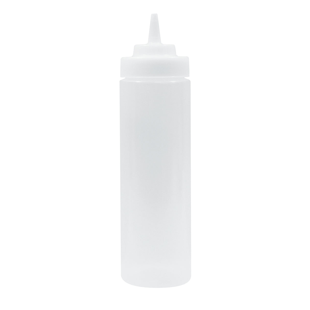 A clear, empty 24 oz squeeze bottle with a pointed nozzle tip and screw-on cap stands upright against a plain white background. This cylindrical, translucent WideMouth Squeeze Bottle is typically used for condiments or sauces and is dishwasher safe.