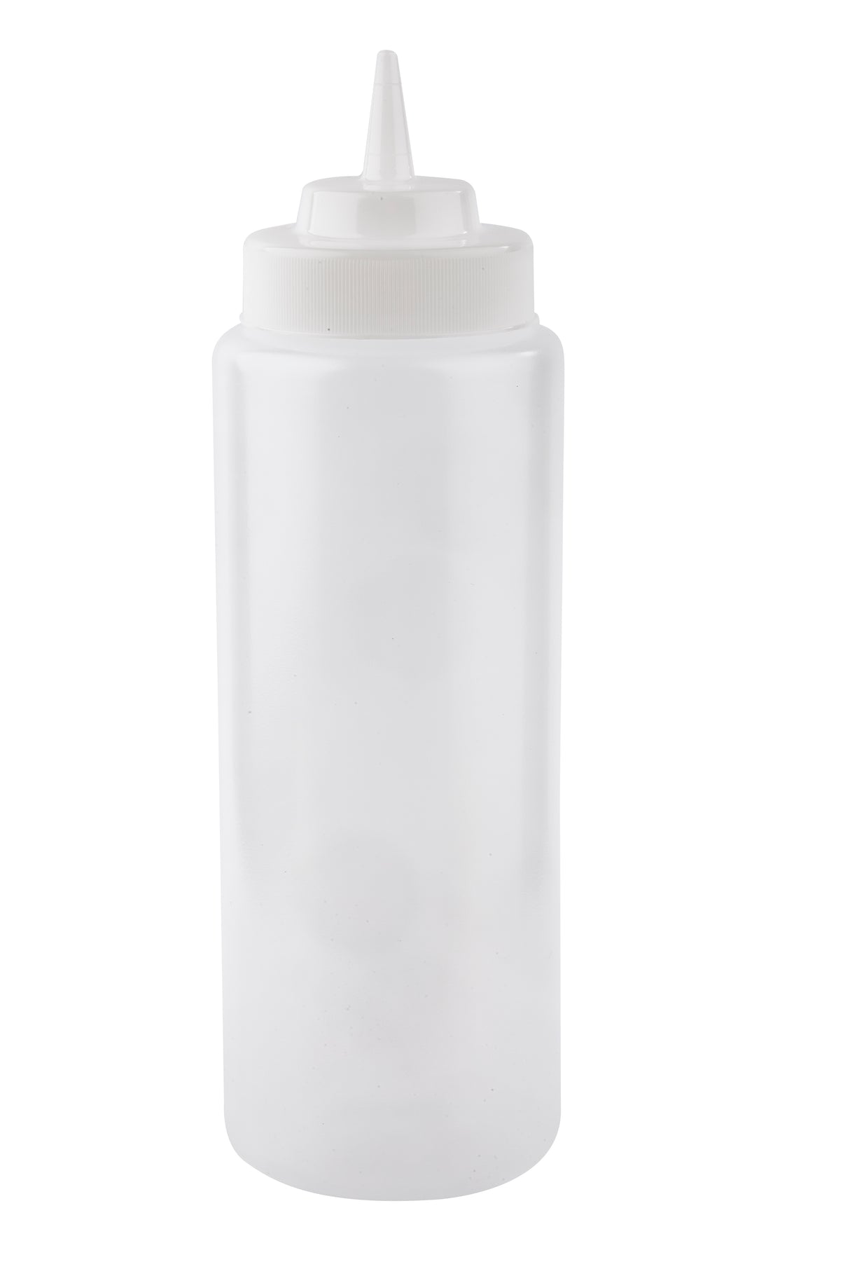 A clear, empty 32 oz WideMouth Squeeze Bottle with a white, pointed nozzle cap, perfect for condiments or sauces. It's upright against a plain white background and is dishwasher safe for easy cleaning.