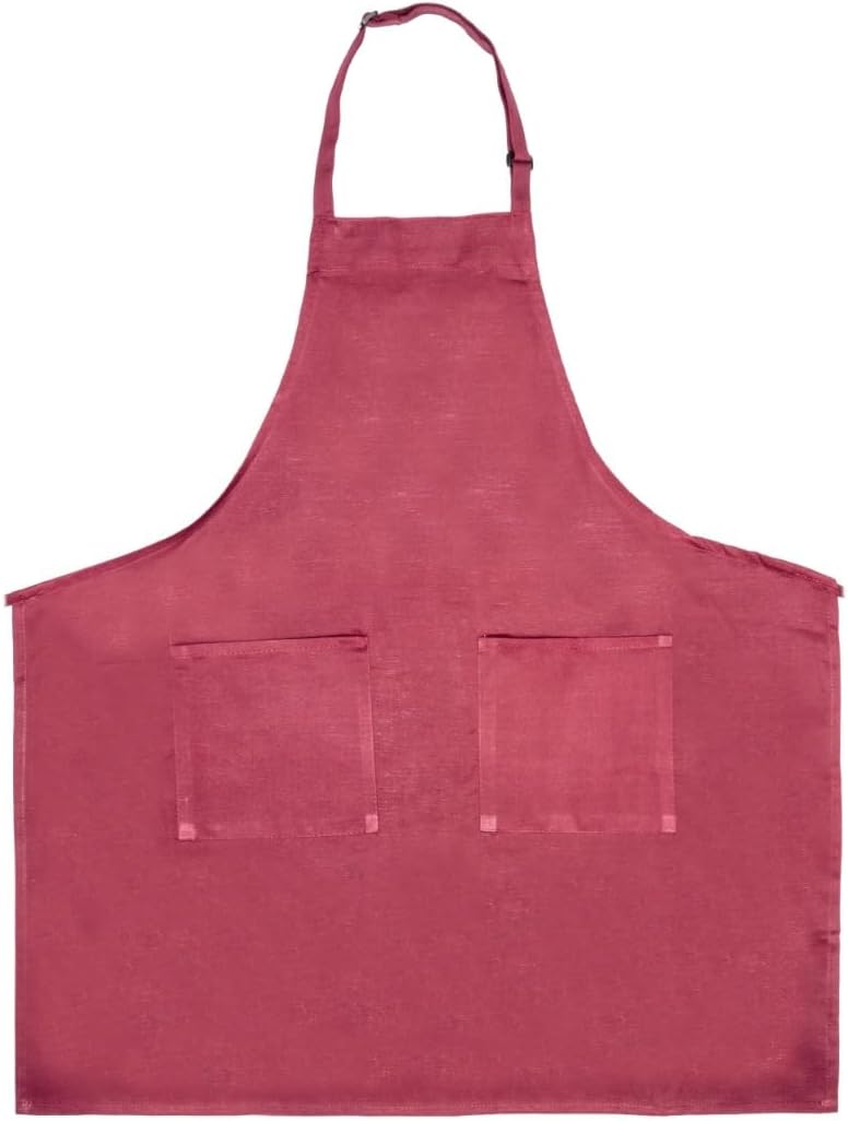 A plain, solid maroon bib apron with an adjustable neck strap and two square front pockets. Chef approved, the apron is laid flat on a white background, showcasing its full shape and design.