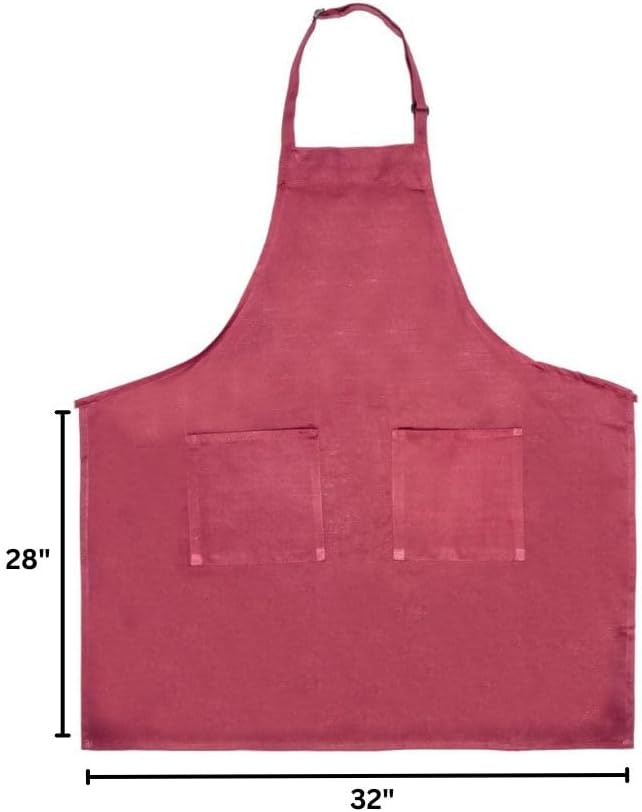 A chef-approved bib apron in a reddish-pink hue with two front pockets is displayed on a white background. Featuring an adjustable neck, the apron measures 28 inches tall and 32 inches wide with black measurement lines and numbers.