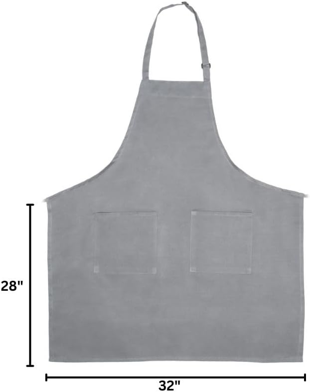 A chef-approved bib apron in plain gray is shown on a white background. Featuring an adjustable neck strap and two front pockets, the apron measures 28 inches tall and 32 inches wide, as indicated by black arrows.