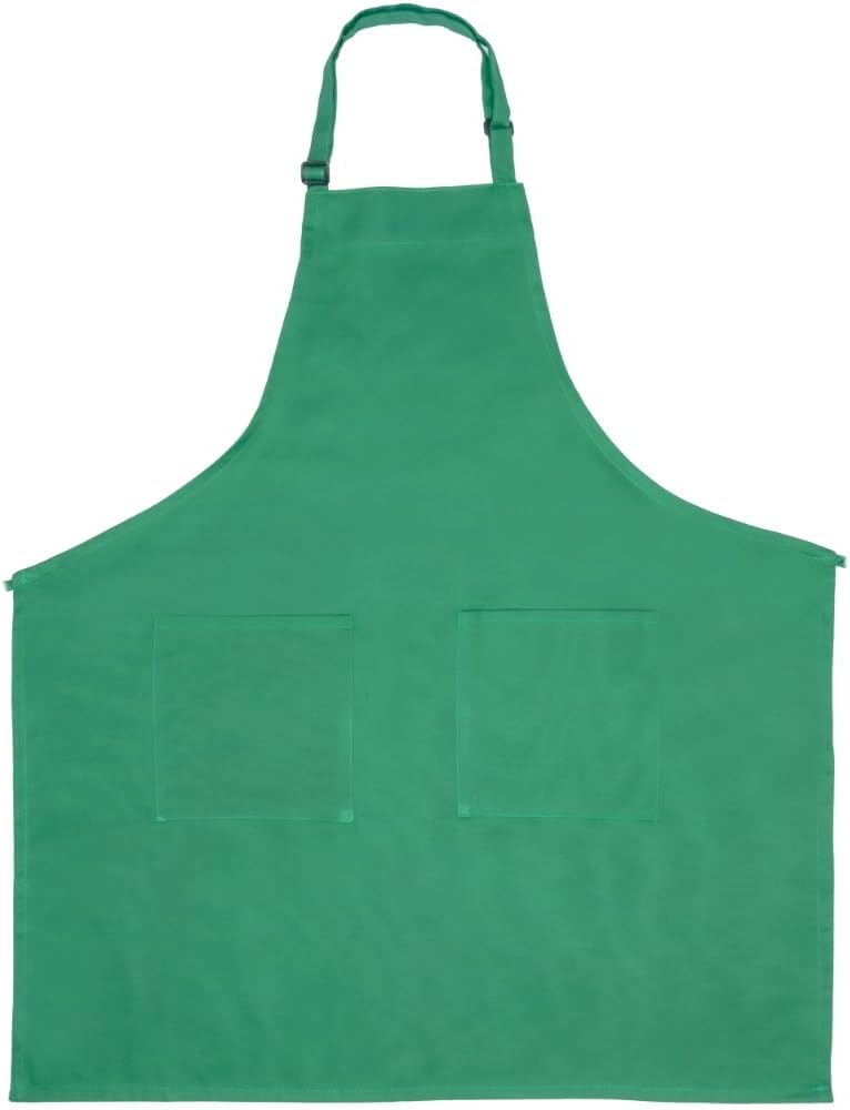 A plain green bib apron with an adjustable neck strap and two rectangular front pockets. Chef approved, it is spread flat to show its full shape and smooth fabric details.