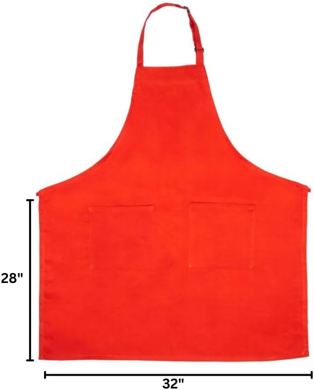 A bright red chef approved bib apron with two front pockets is shown laid flat. It features an adjustable neck strap and measures 28 inches in height by 32 inches in width, with measurement lines indicating its dimensions.