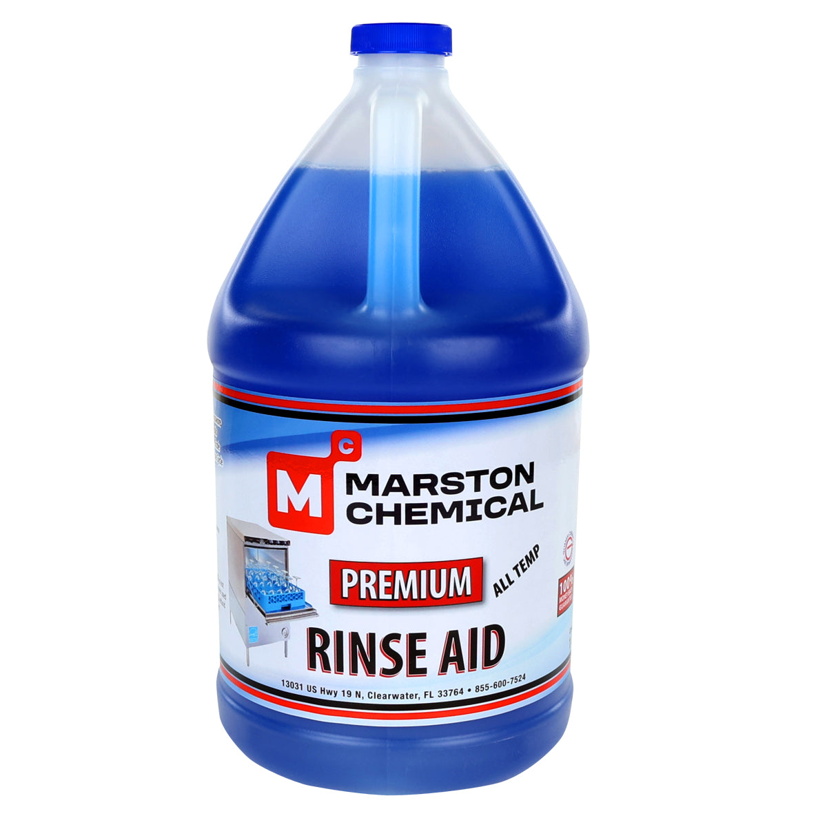 A large plastic gallon jug of Marston Chemical Premium Rinse Aid prevents spots and ensures quick drying. The blue liquid comes in a jug with a blue cap and a white label featuring red and blue accents, plus an image of a commercial dishwasher.
