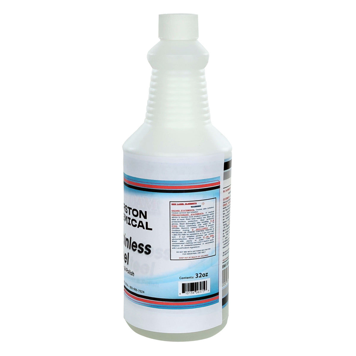 A translucent plastic bottle with a white screw cap, partially visible blue, white, and red label reading professional-grade stainless steel polish. The 32-ounce bottle contains liquid; text and instructions are printed on the label.