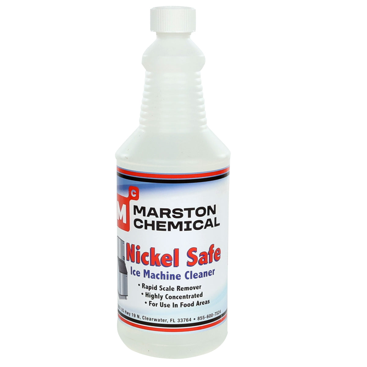A white plastic bottle labeled Marston Chemical Nickel Safe Ice Machine Cleaner, a rapid scale remover, highly concentrated and safe for use in food areas. The ribbed neck and white cap complete this Made in USA product.