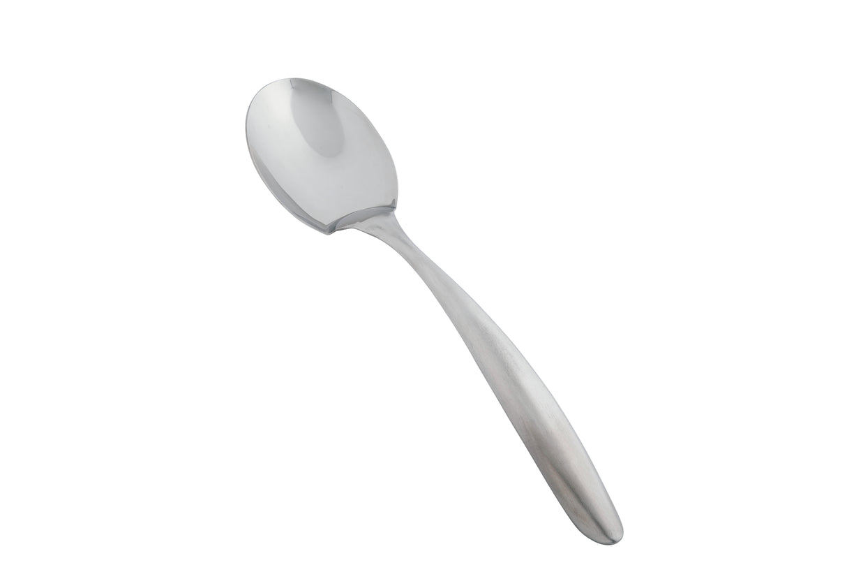 A shiny, stainless steel serving spoon from the Dalton II Collection is shown on a white background. Its smooth, rounded bowl and gently curved handle with a matte finish highlight its modern, reflective design.