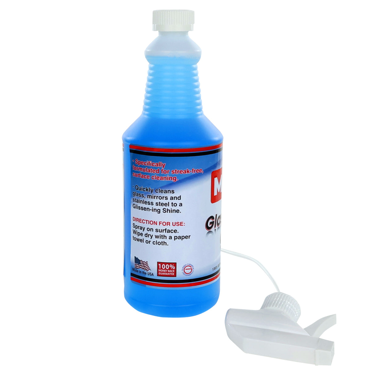 A blue bottle of Marston Chemical glass and surface cleaner with a white spray nozzle detached and lying in front. The label highlights streak-free cleaning for glass, mirrors, and stainless steel, with U.S. flag and quality guarantee icons below.