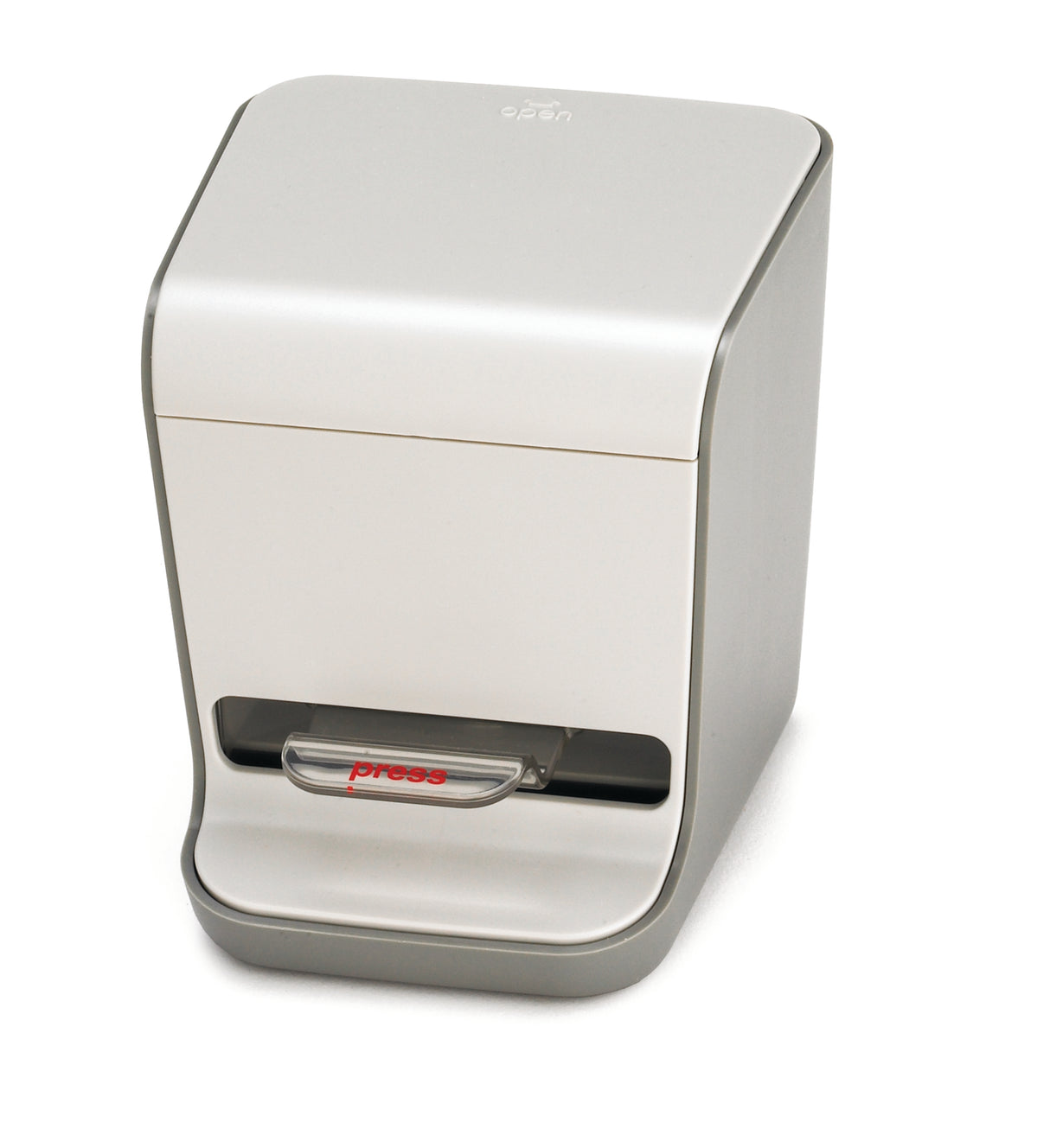 A compact, silver, box-shaped automatic stapler with a rounded top and smooth edges. Its transparent slot, similar to a plastic TableCraft Products toothpick dispenser, features a red press label for easy paper insertion and stapling.