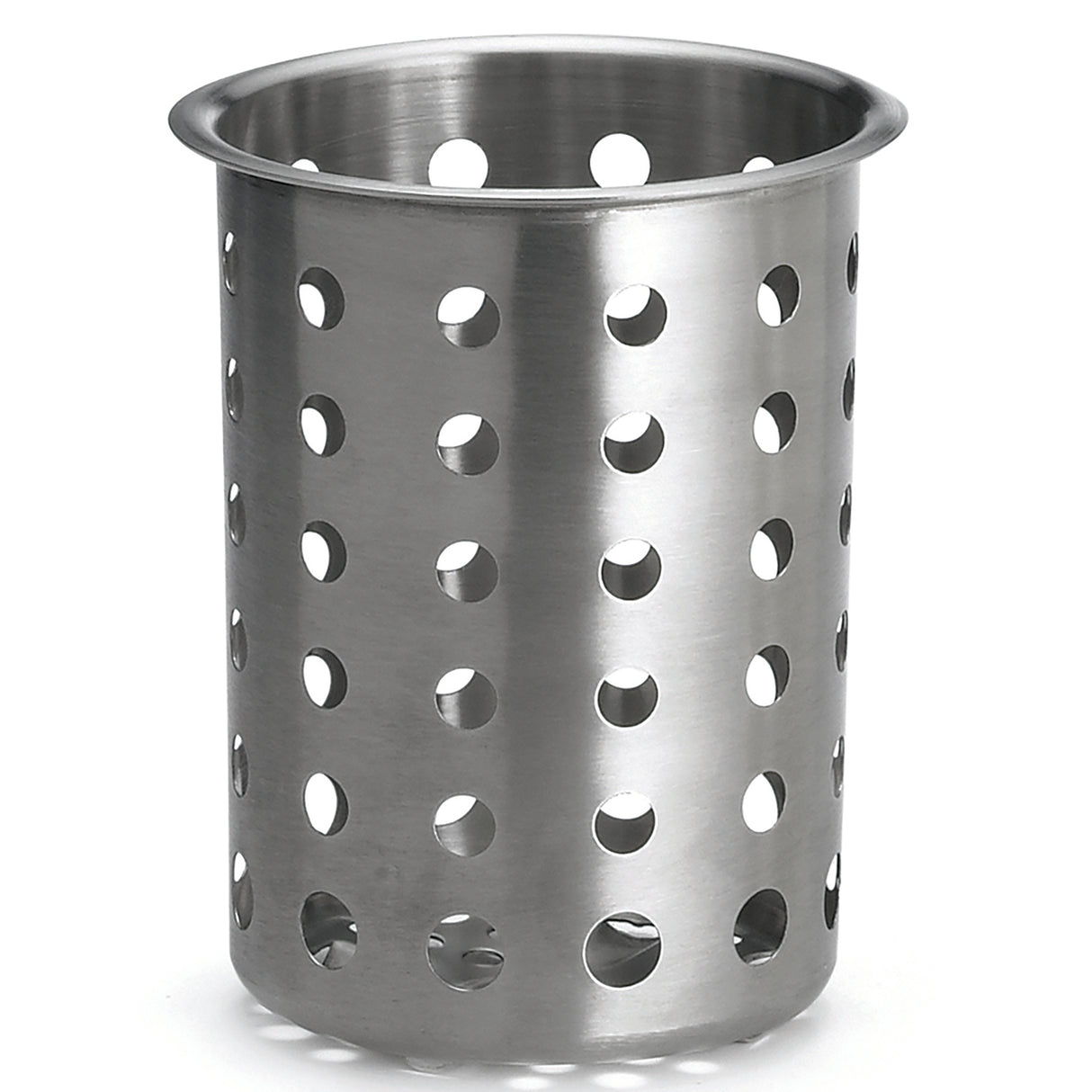A stainless steel flatware cylinder with evenly spaced round holes and a slightly flared rim, open at the top for storing kitchen tools or cutlery. This utensil holder is dishwasher safe for easy cleaning.
