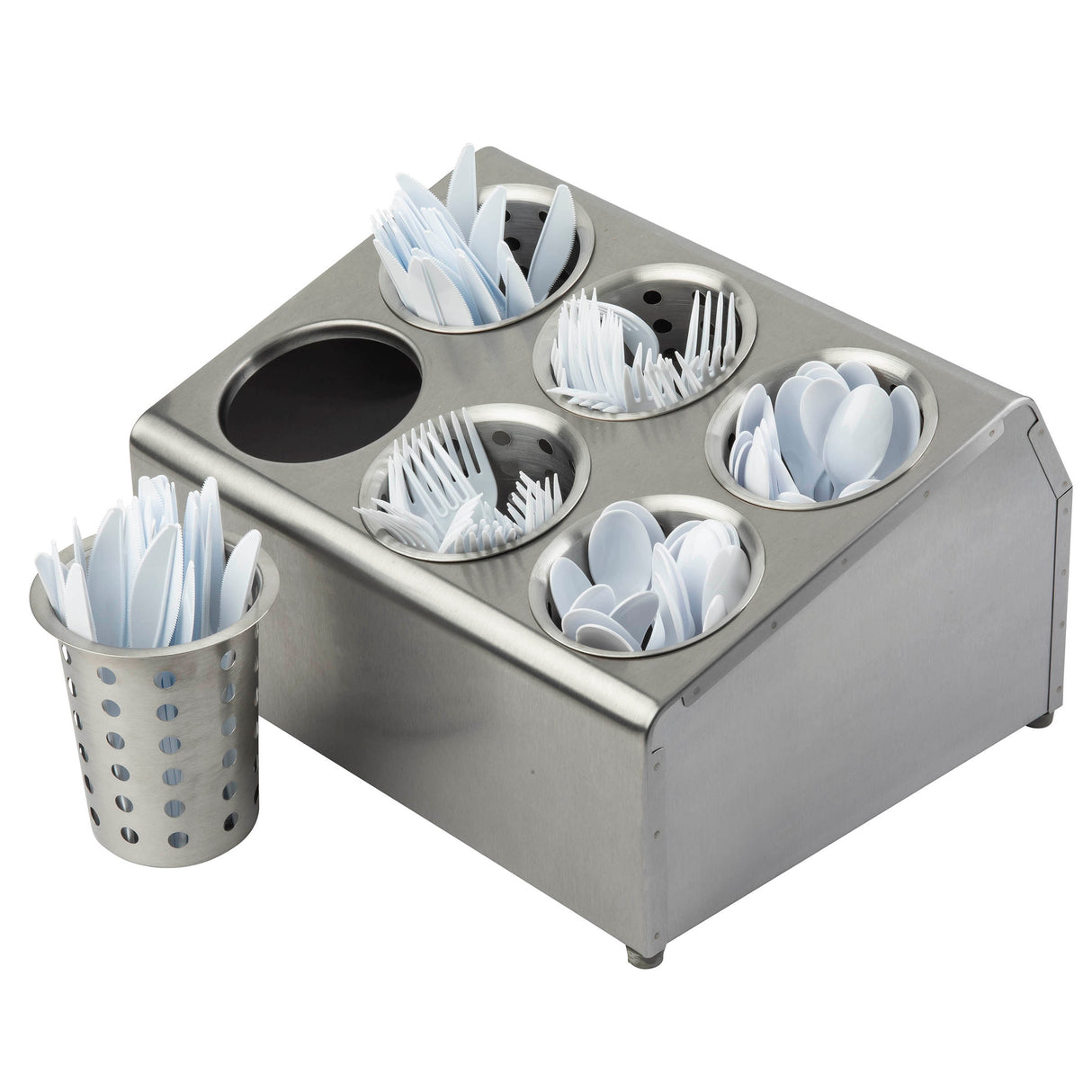 A stainless steel cutlery dispenser with separate compartments holds white plastic forks, spoons, and knives. Beside it, a flatware cylinder contains more utensils. The background is plain and uncluttered.