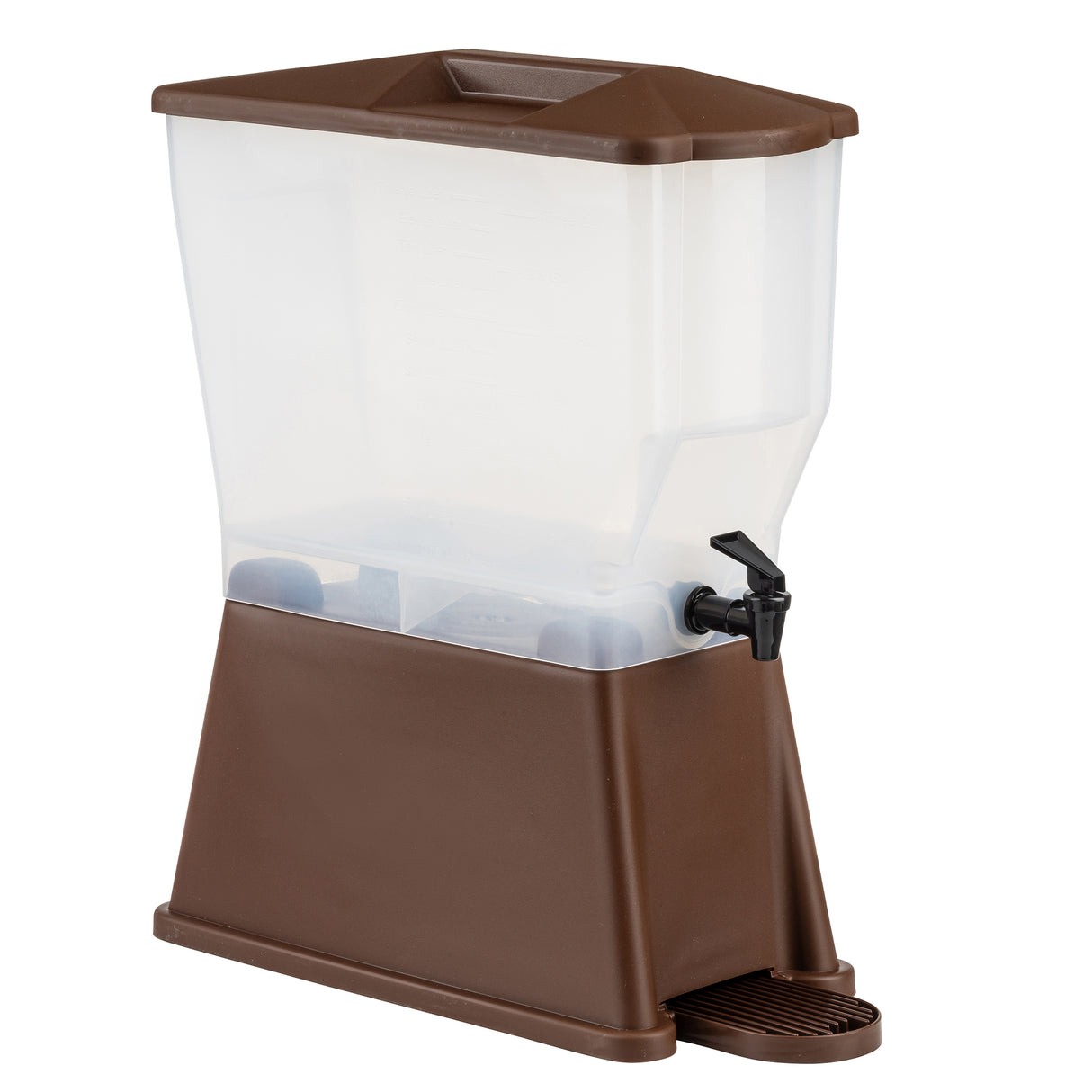 A large brown and clear Slimline Beverage Dispenser with a 3 gallon capacity, featuring an NSF-certified rectangular design, spigot for easy pouring, raised base, ribbed drip tray below the spout, and a semi-transparent top to monitor liquid levels.