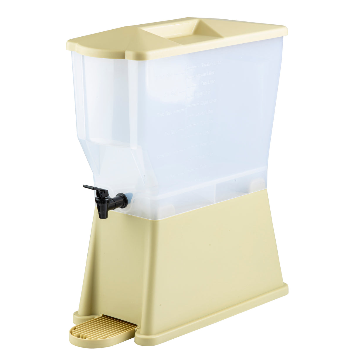 A beige and transparent plastic rice dispenser with a rectangular shape and black spout for dispensing, featuring a built-in measuring cup tray at the base. This NSF approved dispenser stands upright, has measurement markings on the side, and holds up to 3 gallons.