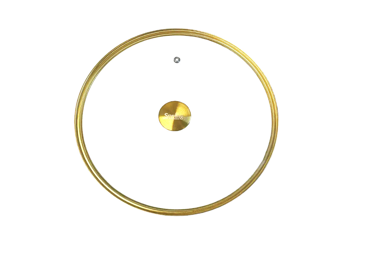 A round, gold-colored metallic frame with a Gold Accent Glass Cover and a small, circular gold center labeled Sentek. Above the center is a small silver screw—all elements reminiscent of Spring USA Buffet Chafer Dish design.
