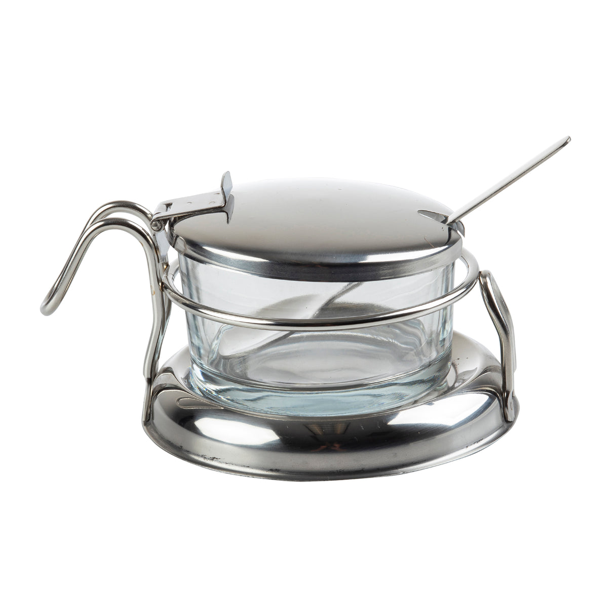 A small glass container sits in a shiny metal holder with a curved handle. This condiment jar set features a metal lid with a notch for the matching spoon inside. The round, flat base supports the dishwasher safe bowl and lid securely.
