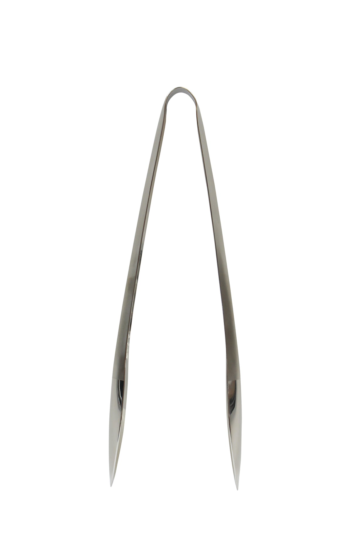 A pair of stainless steel tong server from the Dalton II Collection is shown against a white background. With a sleek, simple design and slightly curved, tapered ends, these tongs are both stylish and dishwasher safe.