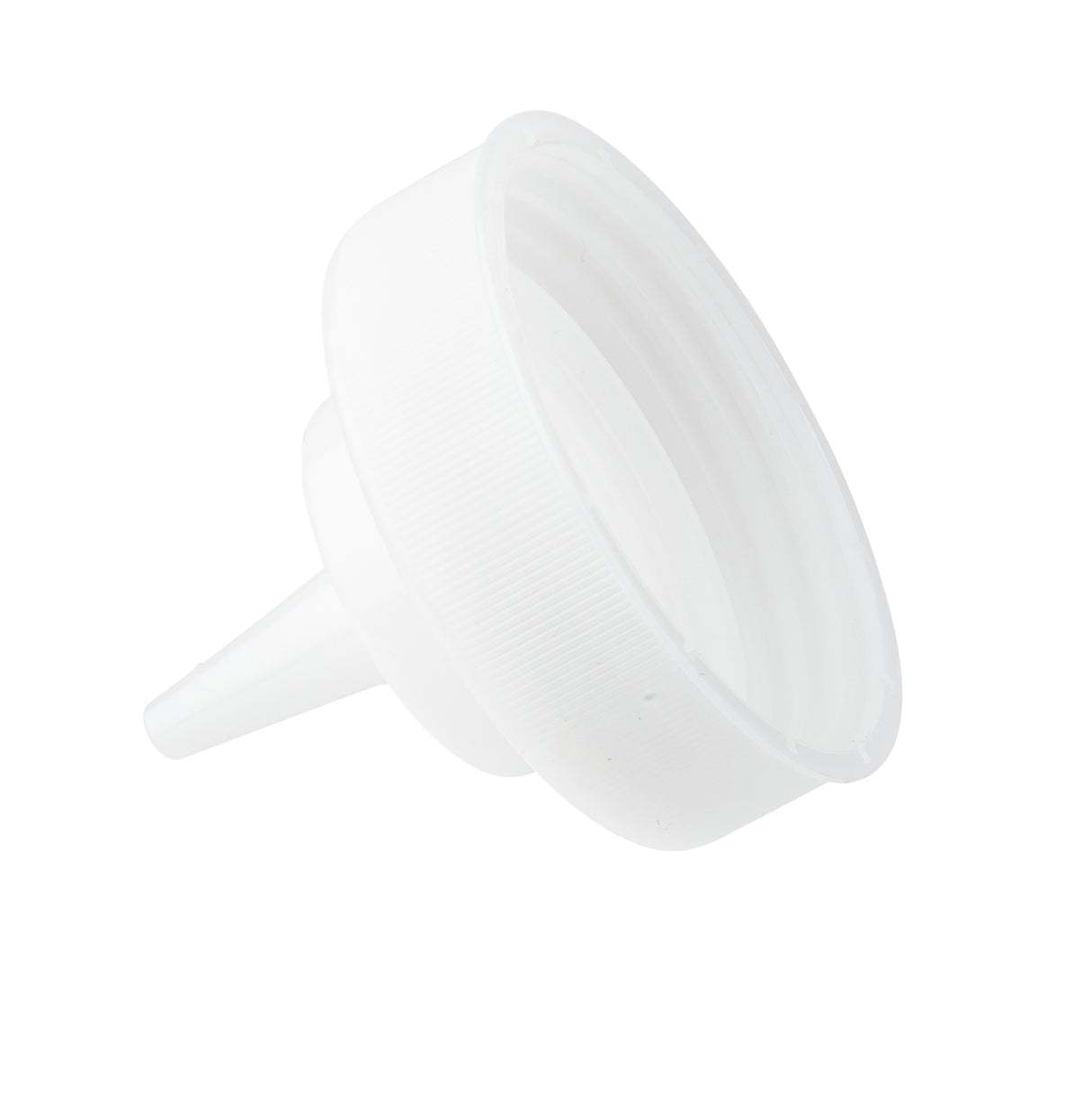 A white plastic funnel with a wide threaded mouth fits securely onto 63mm WideMouth squeeze bottles, making it ideal for easy pouring and transferring liquids. Angled to the left, it’s designed for convenience and is also dishwasher safe.