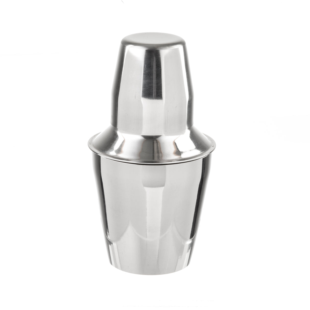 A shiny, 8 oz stainless steel bar shaker with a smooth surface and reflective finish. The tapered body and fitted, rounded cap create a sleek look as it stands upright on a plain white background.